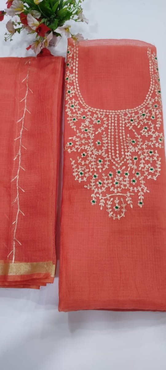 Kota Doria Salwar Suit with Hand Pitta Work - Leheriya