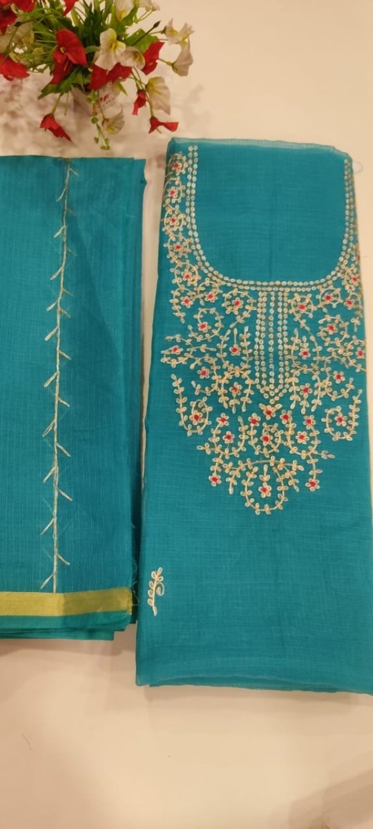 Kota Doria Salwar Suit with Hand Pitta Work - Leheriya