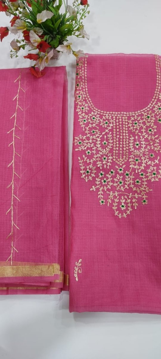 Kota Doria Salwar Suit with Hand Pitta Work - Leheriya