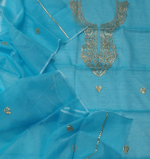 Kota Doria Salwar Suit with Hand Pittan Work - Leheriya