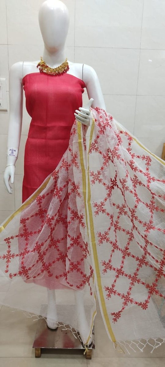 Kota Doria Salwar Suit with Heavy Embroidery Work Dupatta - Leheriya