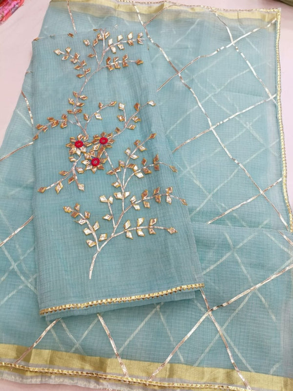 Kota Doria Salwar Suit with Kundan & Gota Patti Work - Leheriya