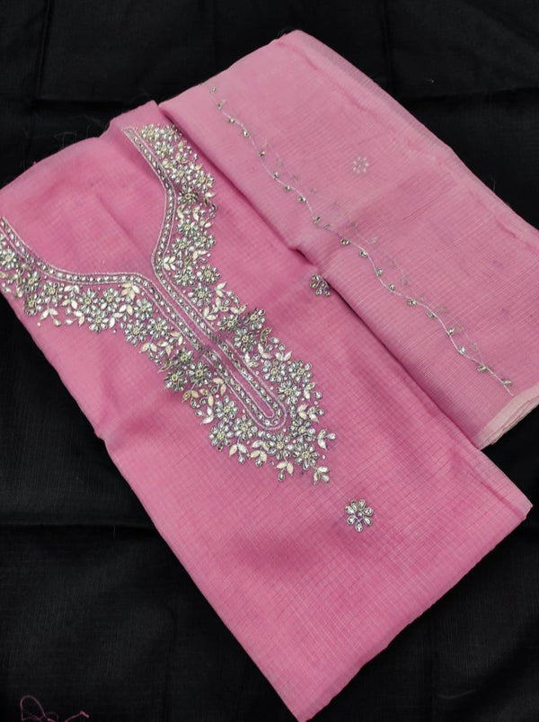 Kota Doria Salwar Suit with Kundan & Gota Patti Work - Leheriya