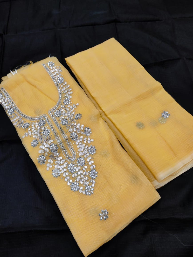 Kota Doria Salwar Suit with Kundan & Gota Patti Work - Leheriya