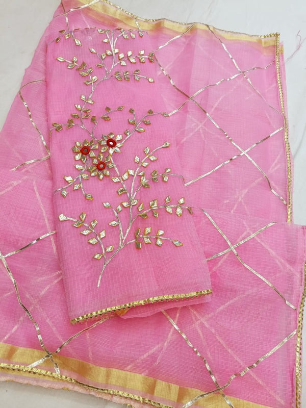 Kota Doria Salwar Suit with Kundan & Gota Patti Work - Leheriya