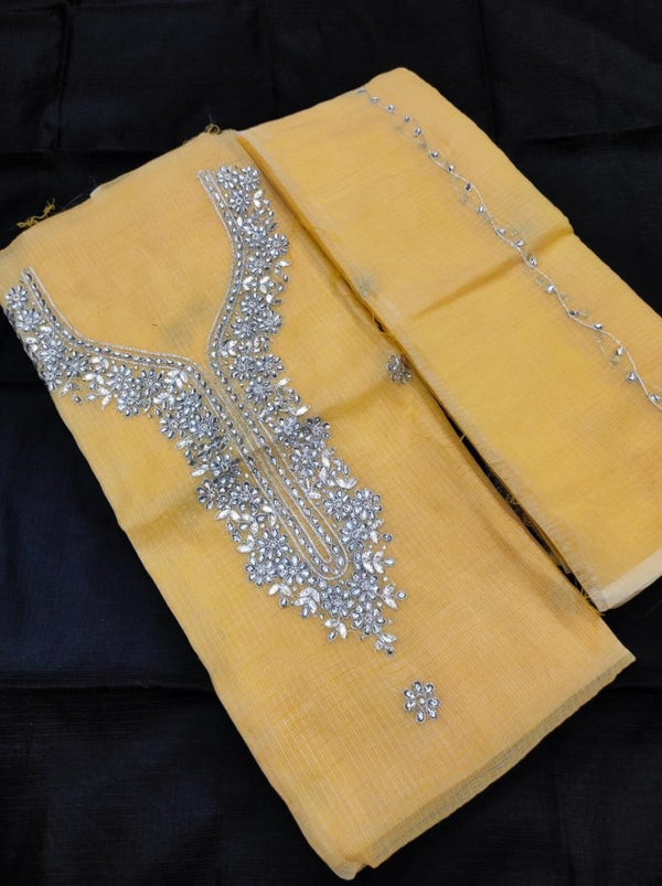 Kota Doria Salwar Suit with Kundan & Gota Patti Work - Leheriya