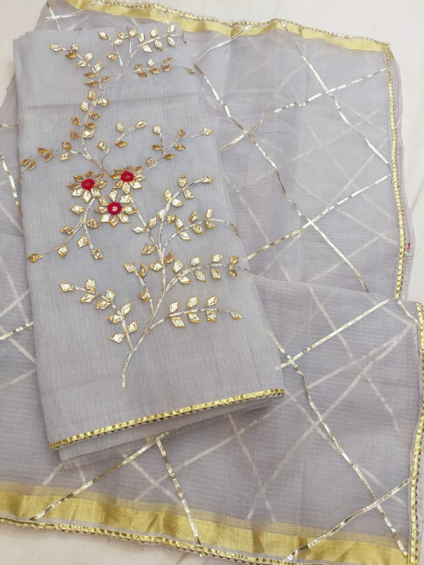 Kota Doria Salwar Suit with Kundan & Gota Patti Work - Leheriya