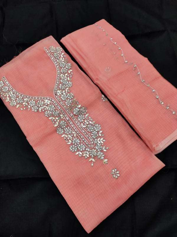 Kota Doria Salwar Suit with Kundan & Gota Patti Work - Leheriya