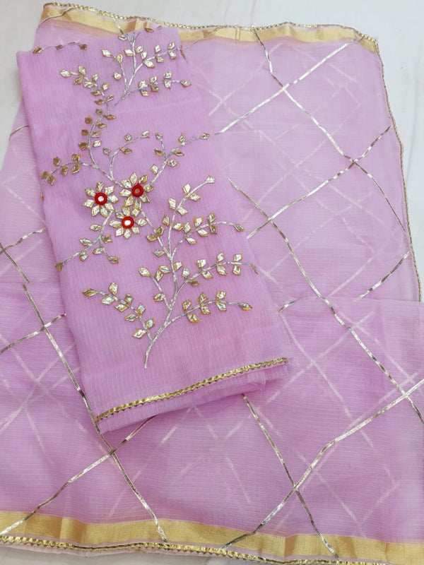 Kota Doria Salwar Suit with Kundan & Gota Patti Work - Leheriya