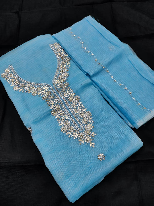 Kota Doria Salwar Suit with Kundan & Gota Patti Work - Leheriya