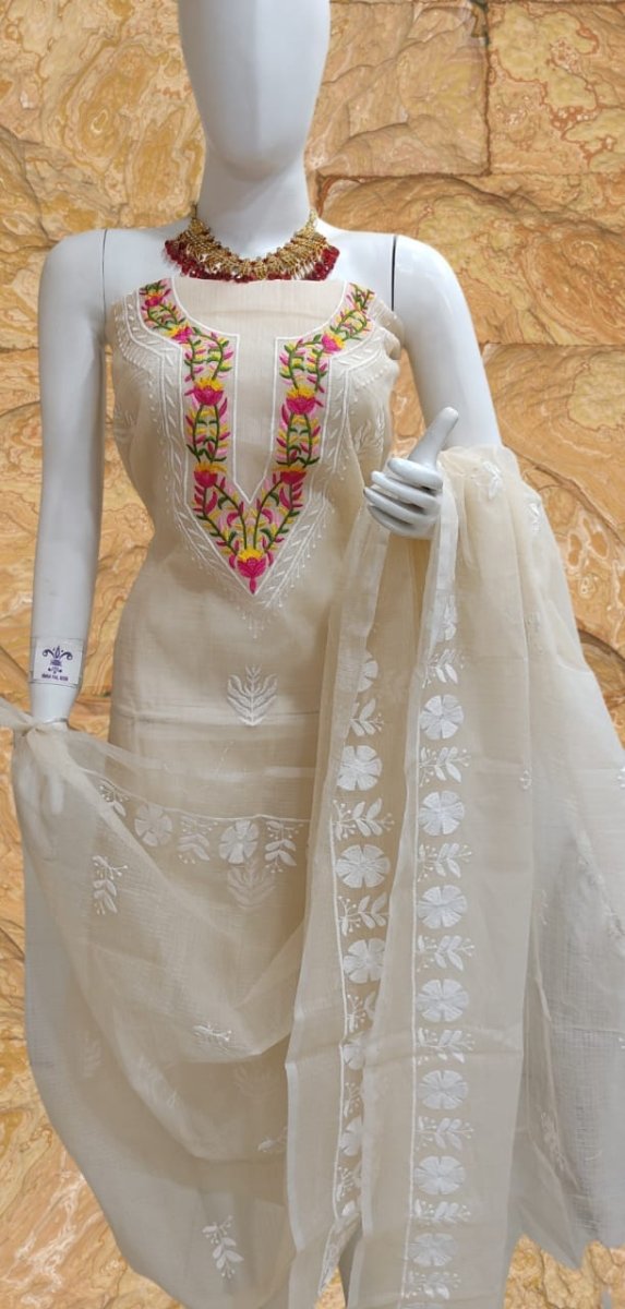 Kota Doria SalwarSuit with Multicolor Embroidery - Leheriya