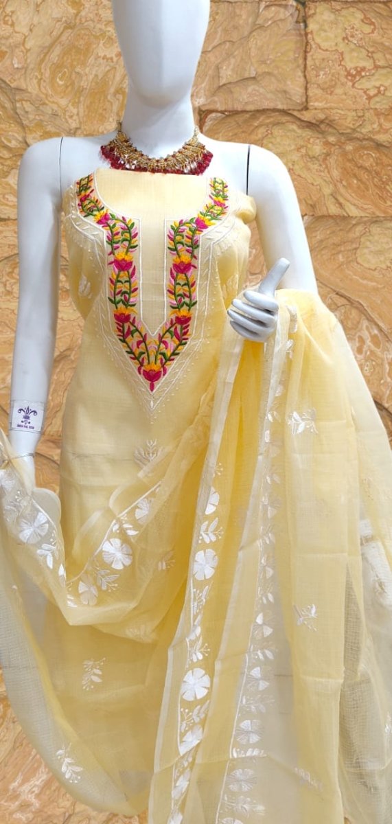 Kota Doria SalwarSuit with Multicolor Embroidery - Leheriya