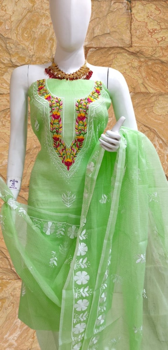 Kota Doria SalwarSuit with Multicolor Embroidery - Leheriya