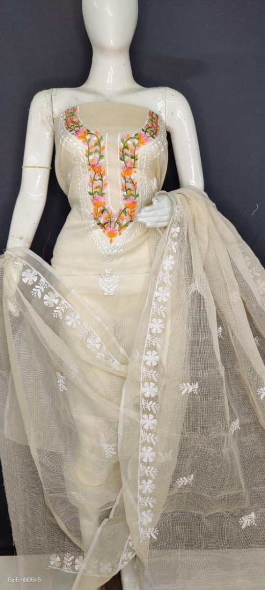 Kota Doria with Neck Embroidery - Leheriya