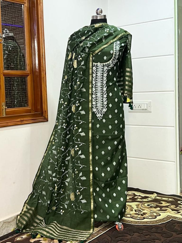 Leheriya Exclusive Banarasi Chanderi Silk Embroidery Suit Paired with Heavy Embroidery Chanderi Dupatta - Leheriya