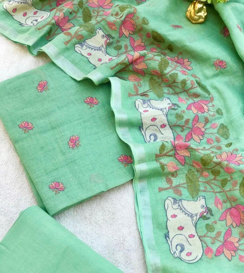 Leheriya Exclusive Bhagalpuri Cotton Embroidery 3 pc Salwar Suit Set Pichwai | Green | - Leheriya