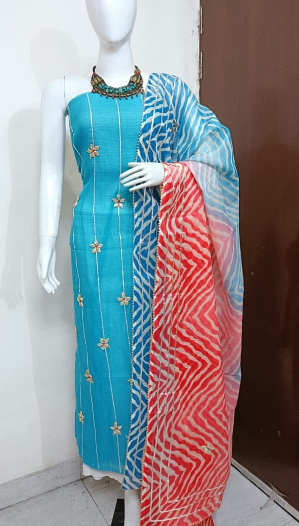 Leheriya Kota Doria Salwar Suit with Kacha Gota Patti Work - Leheriya