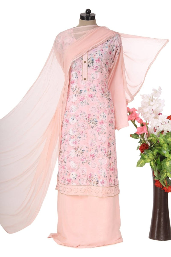 Light Pink Muslin Floral Printed Semi Stitched Suit - Leheriya