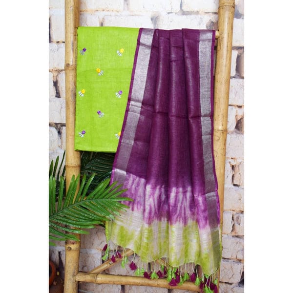 Linen Cotton Salwar Suit with Top Embroidery Work and Shibori Dupatta - Leheriya