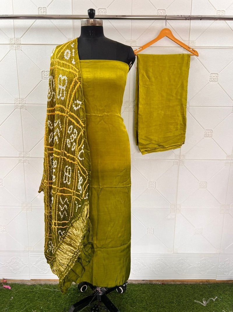 Luxurious Pure Modal Silk Natural Ajrakh 3 pc Salwar Suit with Beautiful Hand Bandhej Dupatta - Leheriya