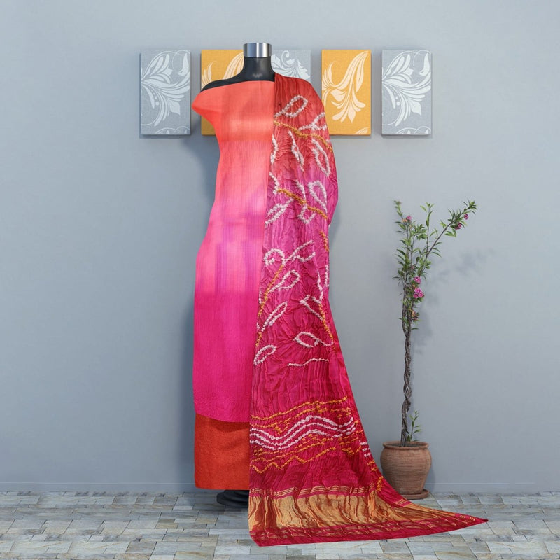 Luxurious Pure Modal Silk Shaded 3 pc Salwar Suit with Beautiful Hand Bandhej Dupatta - Leheriya