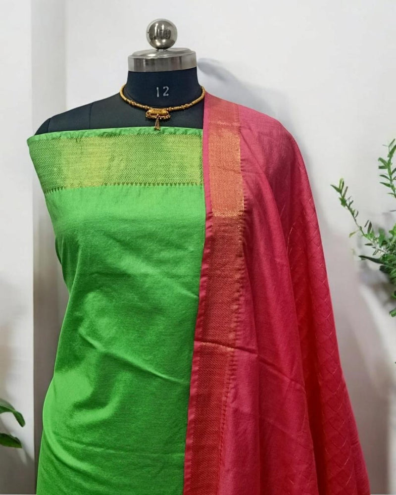 Mangalgiri Zari Border 3pc Cotton Silk Salwar Suit - Leheriya