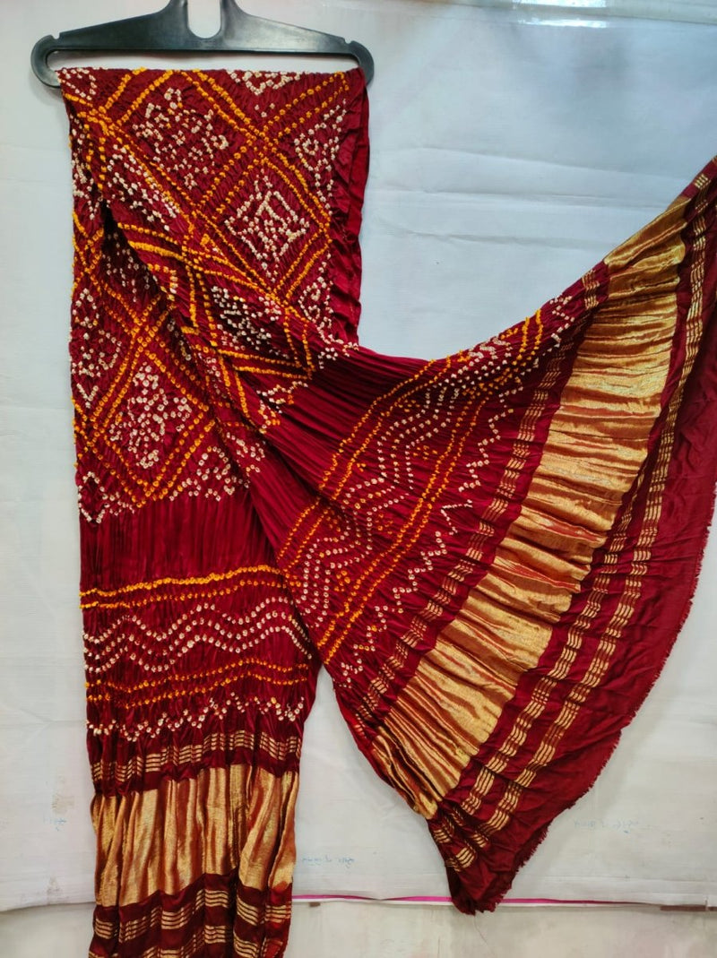 Maroon Bavan Bagh Modal Silk Hand Made Bandhani Dupatta with Silk Tissue Pallu - Leheriya