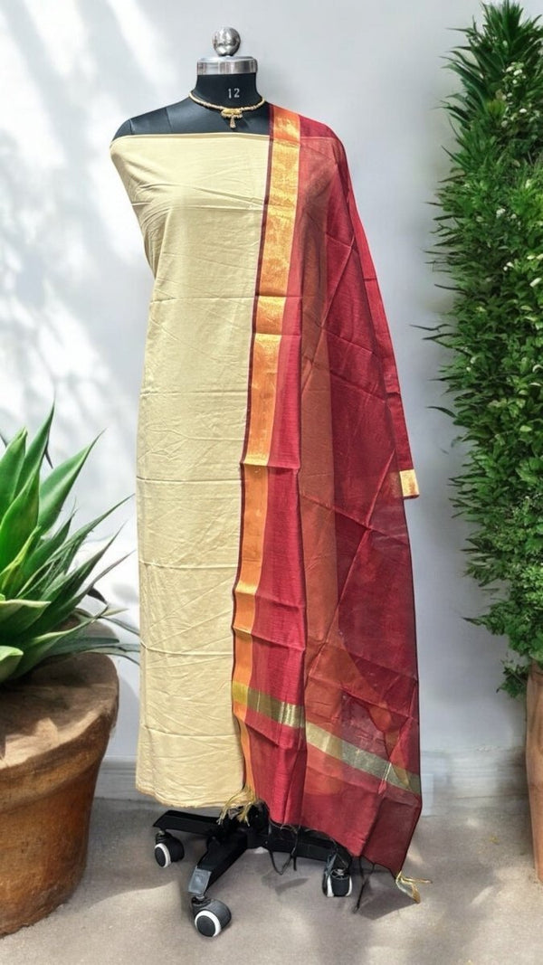 Maroon Color Plain Chanderi Dupatta with Golden Border - Leheriya