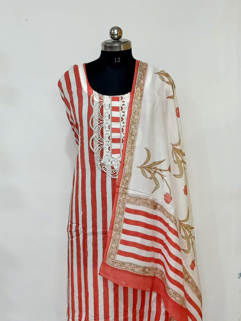 Modal Muslin Silk Hand Block Printed 3 pc Salwar Suit - Leheriya