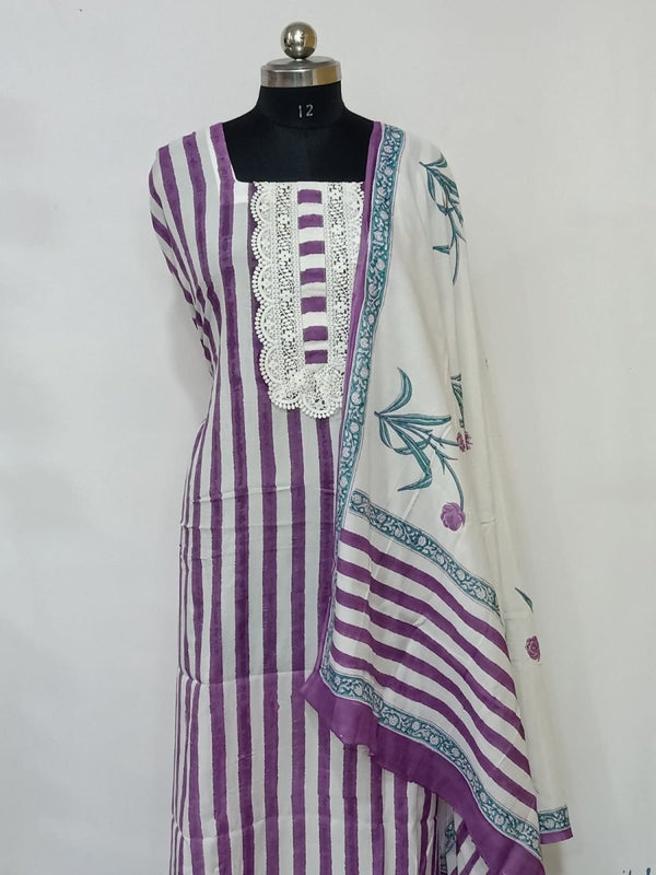 Modal Muslin Silk Hand Block Printed 3 pc Salwar Suit - Leheriya