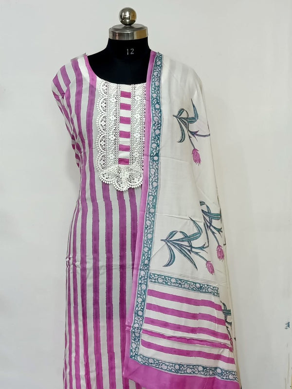 Modal Muslin Silk Hand Block Printed 3 pc Salwar Suit - Leheriya