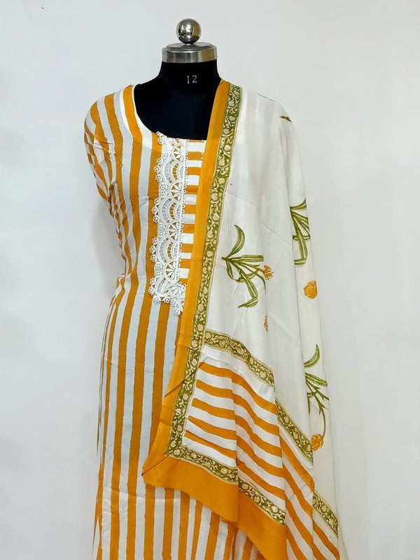 Modal Muslin Silk Hand Block Printed 3 pc Salwar Suit - Leheriya