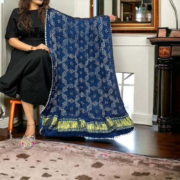 Modal silk Bandhani Dupatta with Gold Lagdi Palav - Leheriya