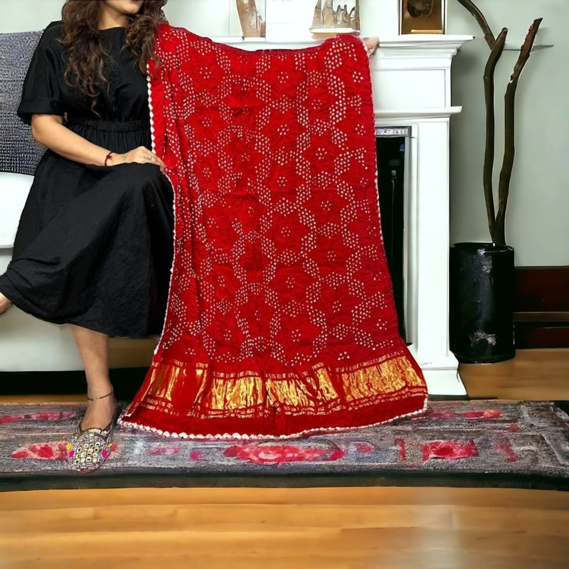 Modal silk Bandhani Dupatta with Gold Lagdi Palav - Leheriya