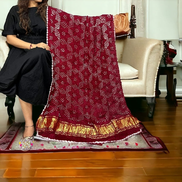 Modal silk Bandhani Dupatta with Gold Lagdi Palav - Leheriya