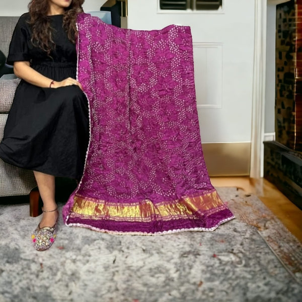 Modal silk Bandhani Dupatta with Gold Lagdi Palav - Leheriya