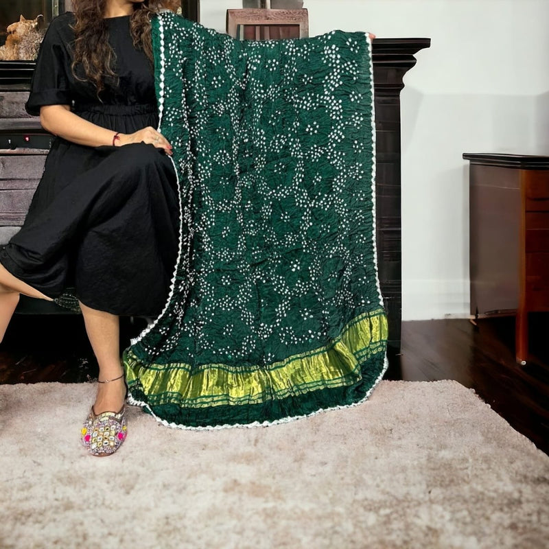 Modal silk Bandhani Dupatta with Gold Lagdi Palav - Leheriya