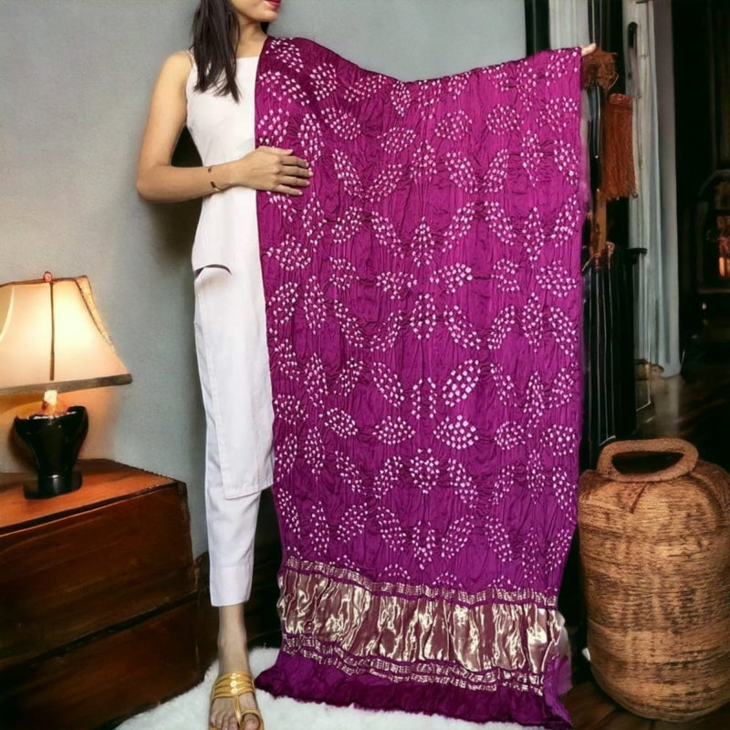 Modal Silk Hand Made Bandhani Dupatta with Silk Tissue Pallu - Leheriya