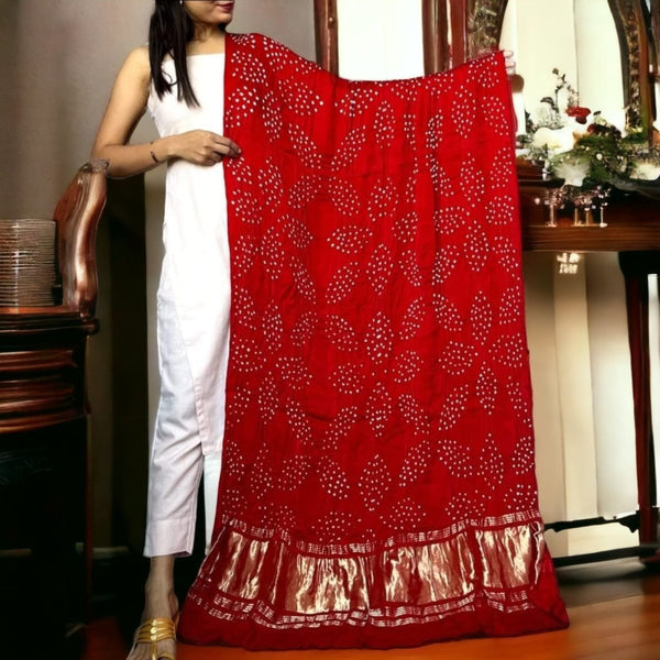 Modal Silk Hand Made Bandhani Dupatta with Silk Tissue Pallu - Leheriya