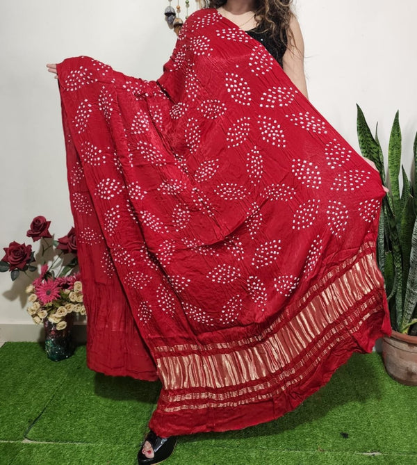 Modal Silk Hand Made Bandhani Dupatta with Silk Tissue Pallu - Leheriya