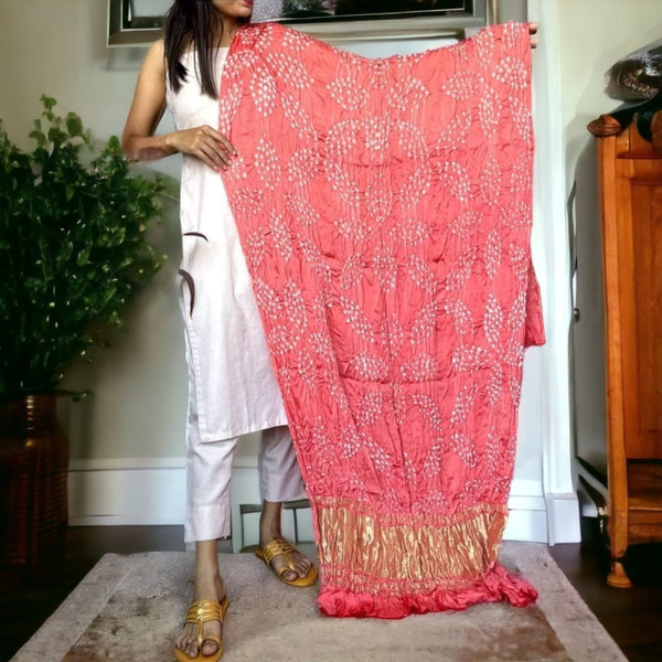 Modal Silk Hand Made Bandhani Dupatta with Silk Tissue Pallu - Leheriya