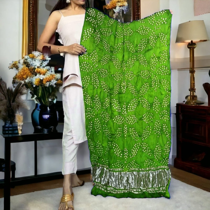 Modal Silk Hand Made Bandhani Dupatta with Silk Tissue Pallu - Leheriya