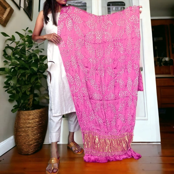 Modal Silk Hand Made Bandhani Dupatta with Silk Tissue Pallu | Soft Pink | - Leheriya