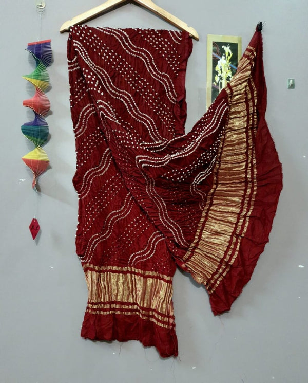 Modal Silk Leheriya Hand Made Bandhani Dupatta with Silk Tissue Pallu - Leheriya