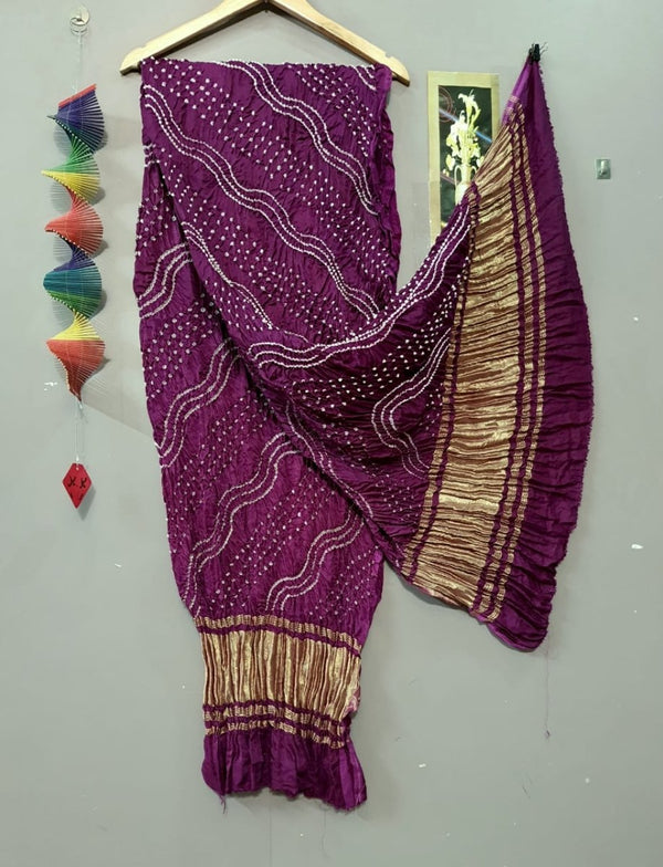 Modal Silk Leheriya Hand Made Bandhani Dupatta with Silk Tissue Pallu - Leheriya