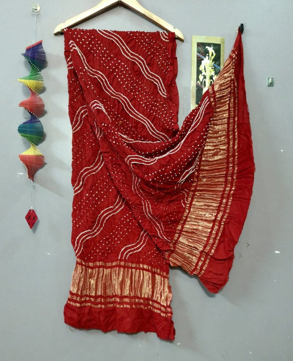 Modal Silk Leheriya Hand Made Bandhani Dupatta with Silk Tissue Pallu - Leheriya