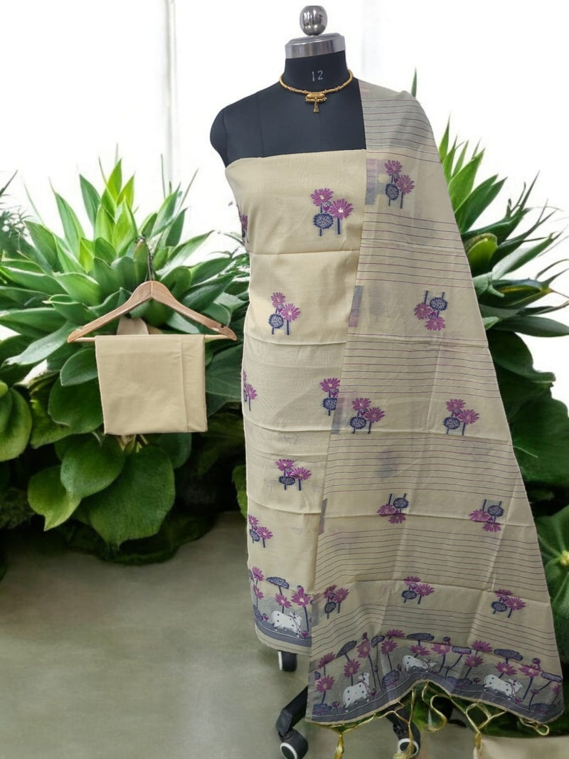 Muga Cotton 3 pc Jamdani Salwar Suit Dress Material with Pichwai Weaving on Top and Dupatta - Leheriya