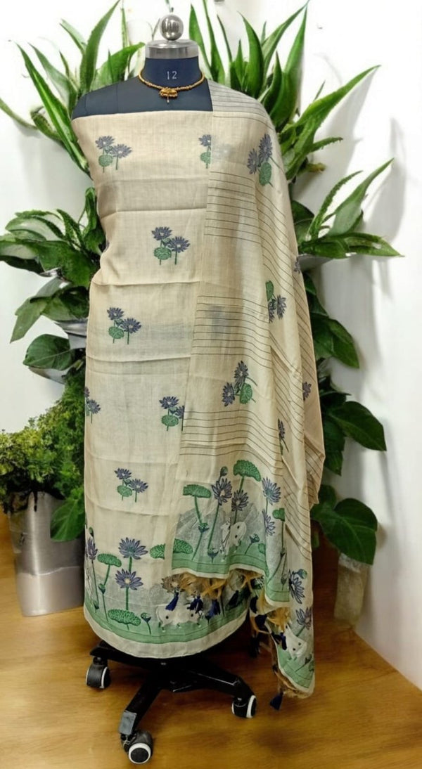 Muga Cotton 3 pc Salwar Suit Dress Material with Pichwai Weaving on Top and Dupatta - Leheriya