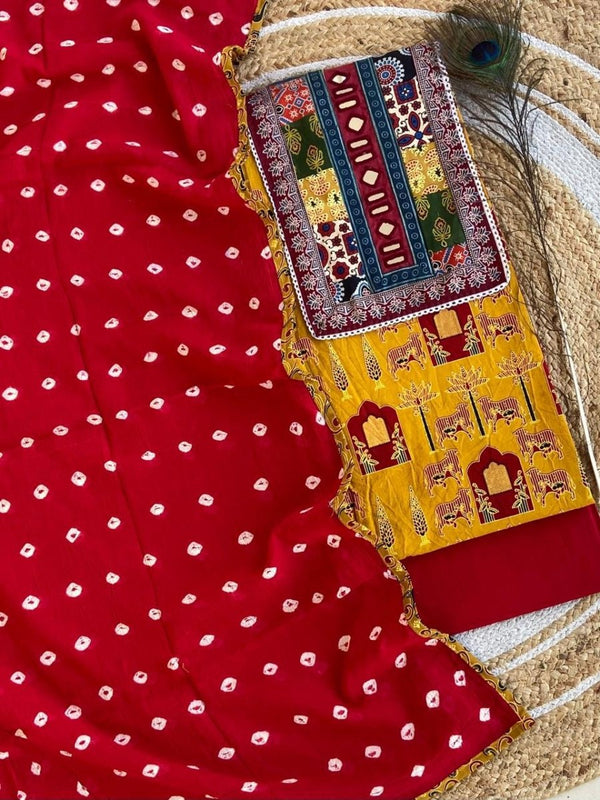 Natural Ajrak Printed Cotton 3 pc Salwar Suit Set with Mirror Work Neckline Patch & Cotton Bandhani Dupatta - Leheriya