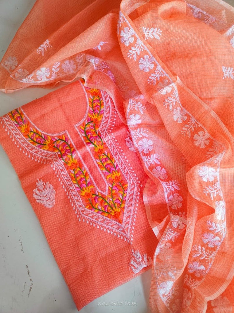 Orange Kota Doria with Multicolor Embroidery - Leheriya